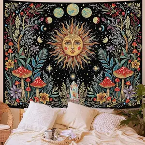 Boho Sun Moon Mushroom Backdrop Party Backdrop Birthday Decoration Photo Background Wall Decor Event Decoration Photography Background Celestial Festival Holiday Indoor Outdoor Premium Polyester Fabric