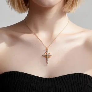 Crown Cross Pendant Necklace – 18K Gold Plated, Spinning Design with Cubic Zirconia, Statement Hip Hop Jewelry for Women Men lucky gift