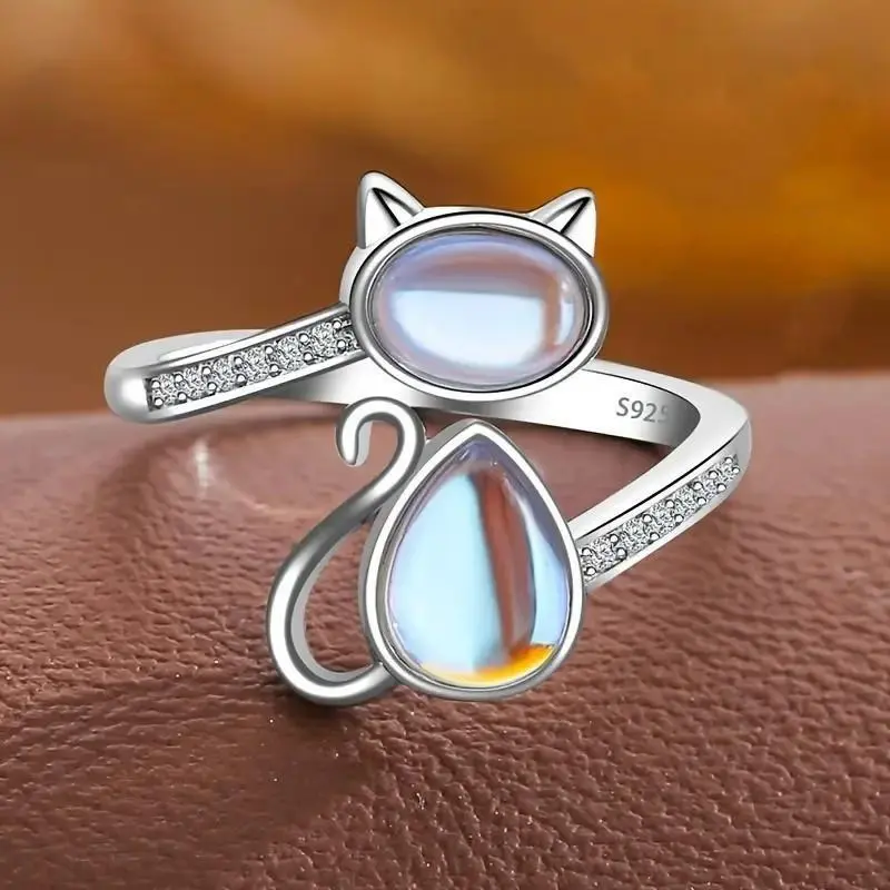 Chic Cat Ring with Moonstone Inlay, Adjustable Copper Cartoon Jewelry for Teenagers, Ideal Holiday Gift, Moonstone Inset, Ideal Holiday Gift For Teenagers