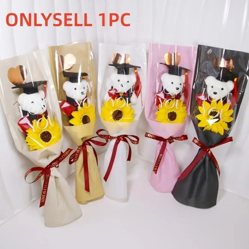 Graduation Bouquet Gift, Bear in Graduation Cap, Realistic Sunflowers, Heart Wrapping Paper, Perfect for Graduation Parties