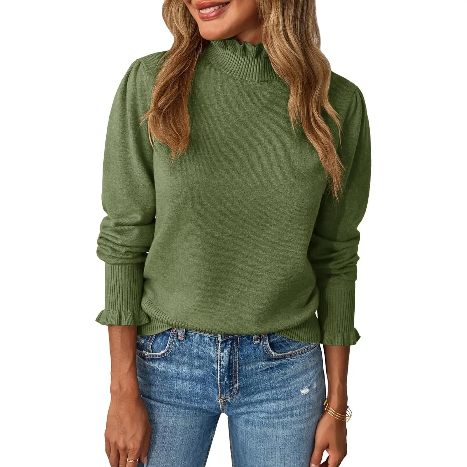 Saodimallsu Women's Ruffle High Neck Knitwear, Casual Loose Puff Longsleeve Pullover Sweater in Soft Fabric, Longsleeves,clothes for back to school,first day of school outfits