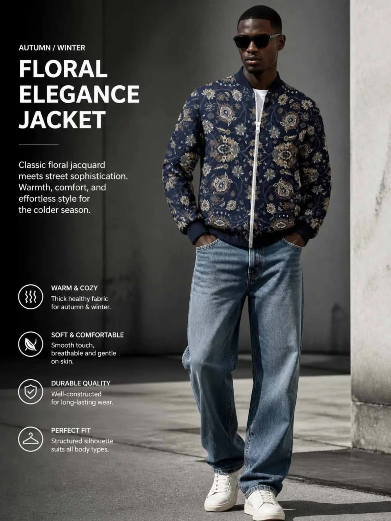 Men's Vintage Floral Jacquard Full Zip Baseball Collar Windbreaker, Retro Paisley Print Streetwear Jacket, Fall Winter Fashion Outerwear