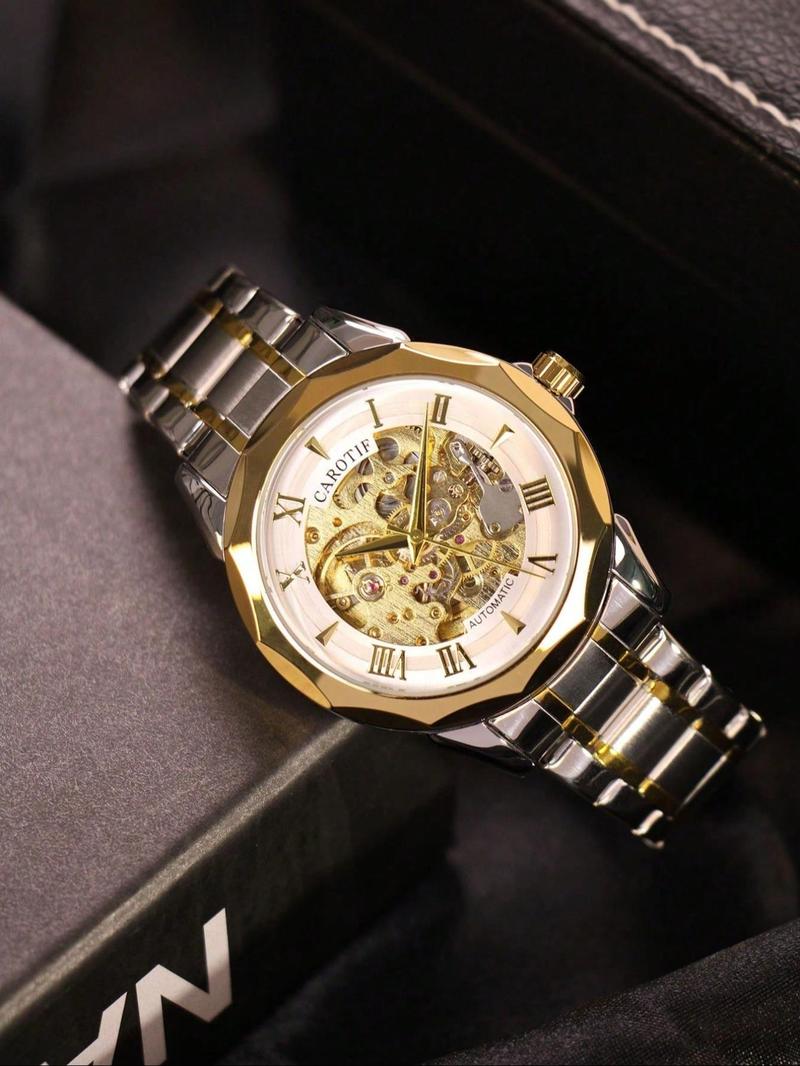 Men's Business Fashion Round Dial Stainless Steel Strap Analog Mechanical Watch, Skeleton Wrist Watch for Party, Daily Clothing Decor, for Birthday Gift with Box, Skeleton Watches