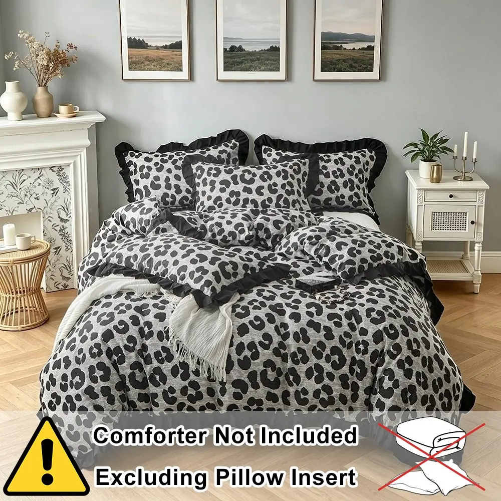 Leopard print ruffled border duvet cover set (2/3 set including 1 duvet cover + 1/2 pillowcase), Soft Bedding Sets, a bedroom decoration item, comfortable bedding with soft fabric, suitable for all seasons, bedrooms, guesthouses or decor