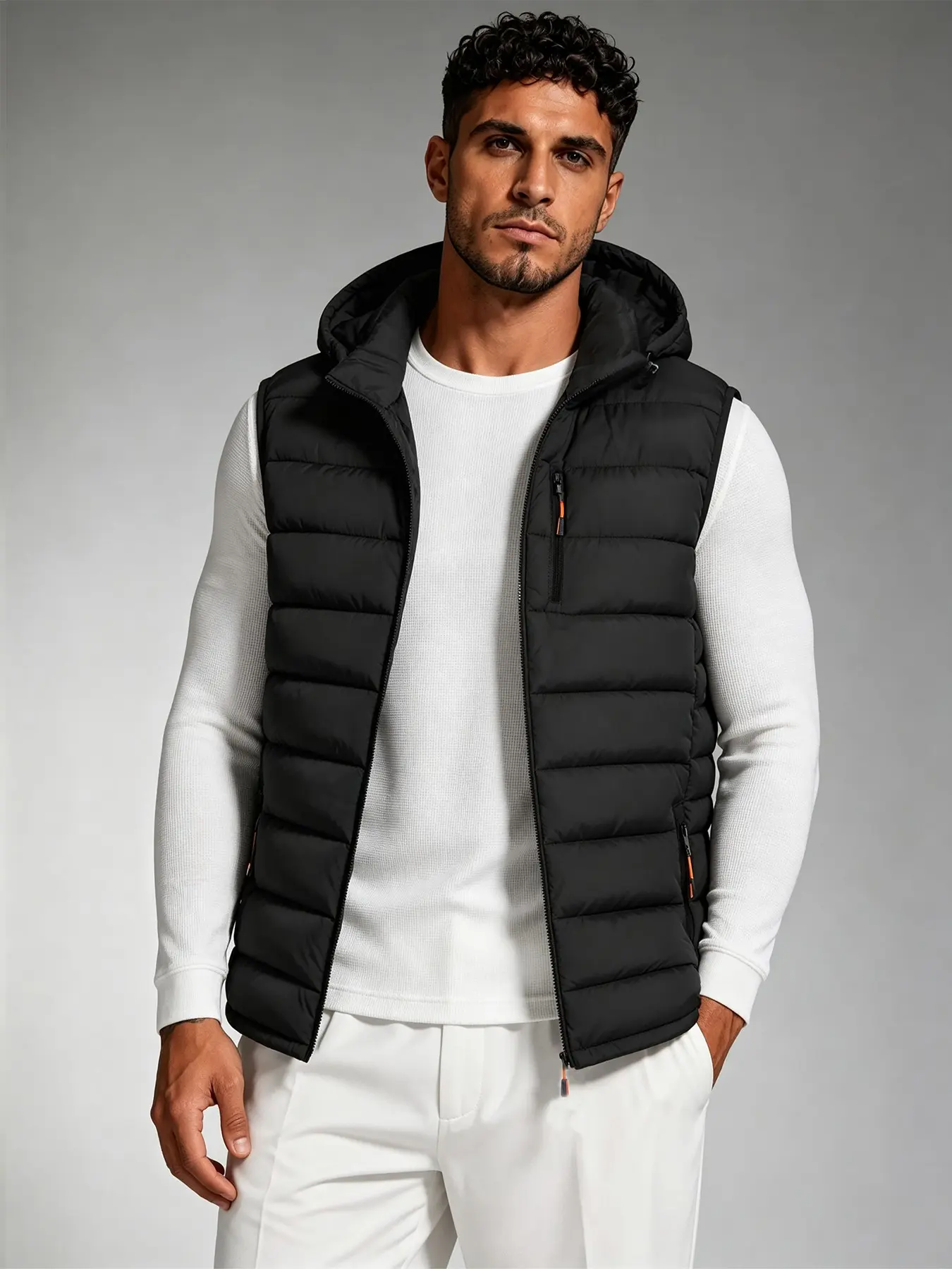 Men's Hooded Quilted Zip Up Vest, Thickened Warm Sleeveless Gilet, Detachable Hood, Zipper Pockets, Fall Winter Casual Outdoor Outer Vest