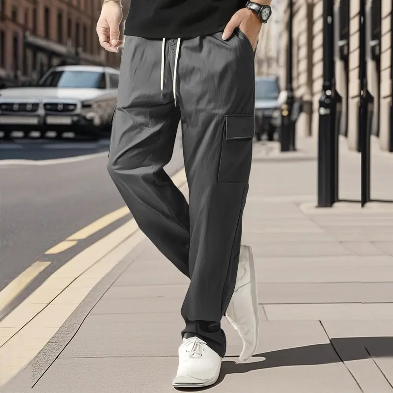 Men's Plain Loose Thin Straight-Leg Pocket Cargo Pants - Quick-Dry Drawstring Casual Sports Menswear Trousers
