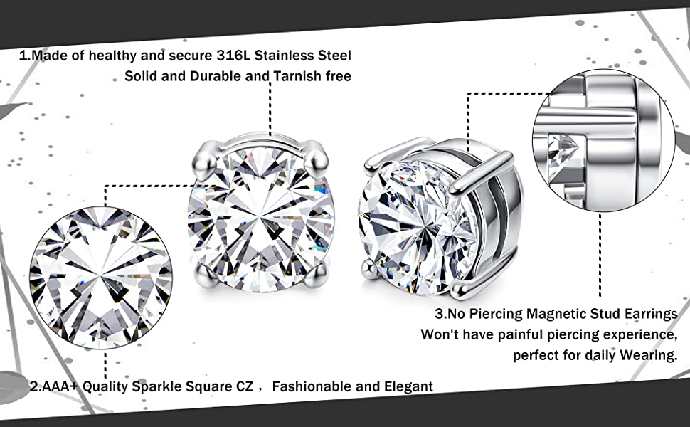 Sanfenly 6 Pairs Magnetic Earrings for Women Men Stainless Steel Cubic Zirconia Stud Round Square Teardrop Earrings CZ Non Pierced Hypoallergenic Fake Earrings Set Gift