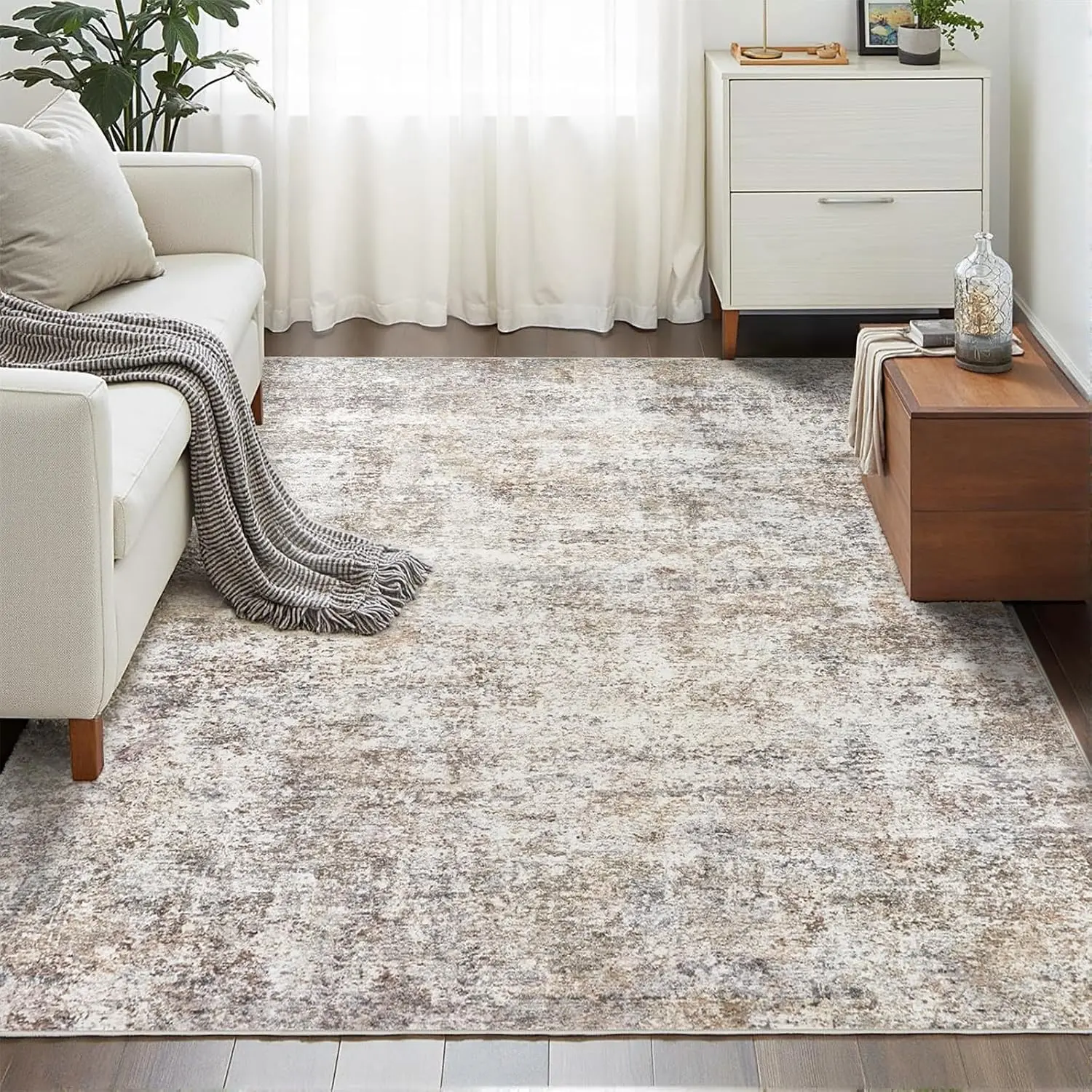 Area Rugs for Living Room: 4x6 Washable Neutral Abstract Rug for Bedroom Large Soft Modern Dining Room Rugs Indoor Floor Low Pile Carpet for  Office  - Brown Grey