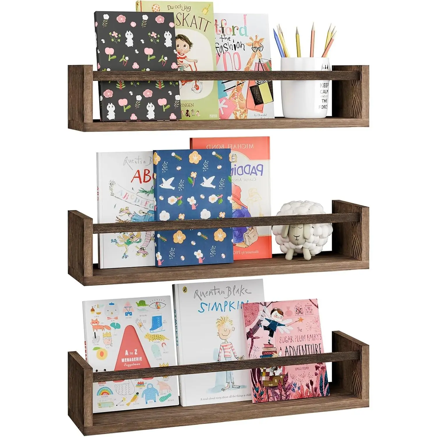 3-Piece Rectangular Floating Bookshelf Set, 16.5 in Solid Wood Wall-Mounted Nursery Storage Shelves for Books, Toys & Decor, Easy Installation (Brown), Floating Shelves