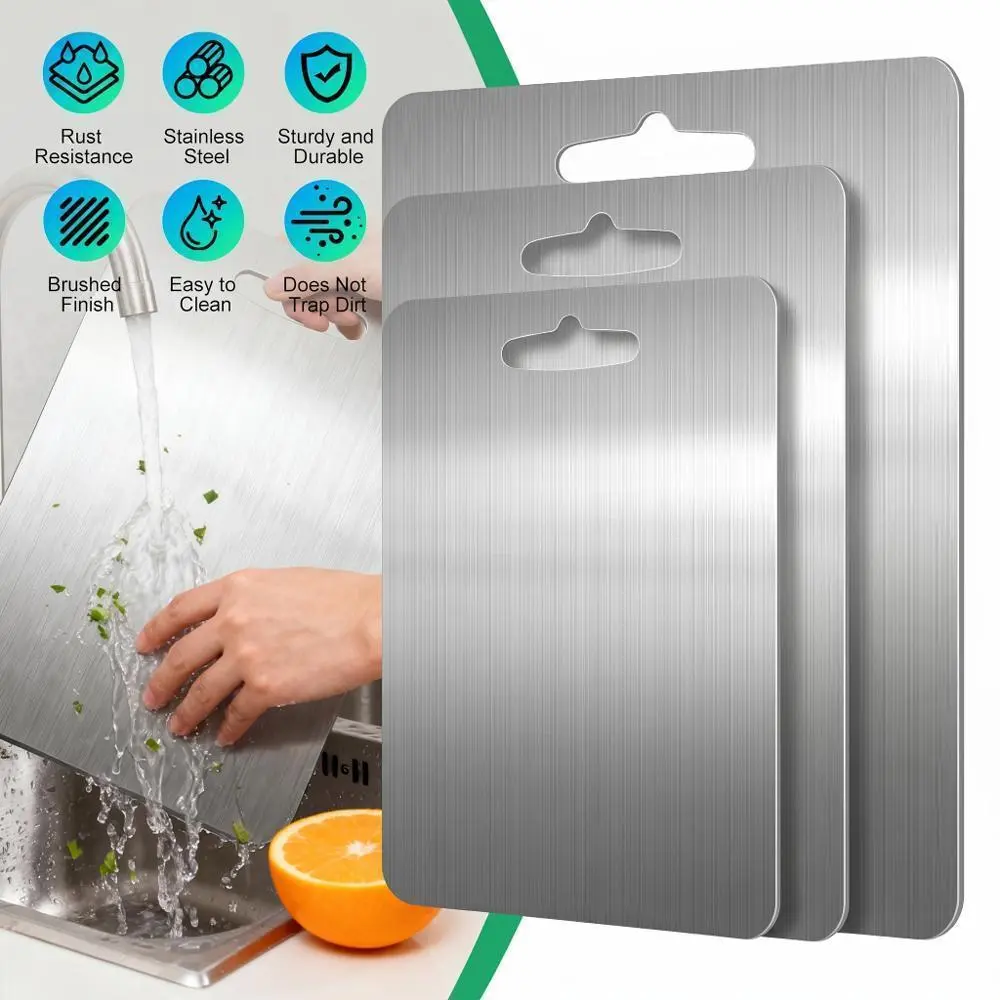 3Pcs Stainless Steel Cutting Board for Kitchen, Non Toxic Metal Chopping Board Set, Dishwasher Safe & Knife-Friendly Chopping Board for Meat Vegetable Fruit (S+M+L)#DealsForYouDays
