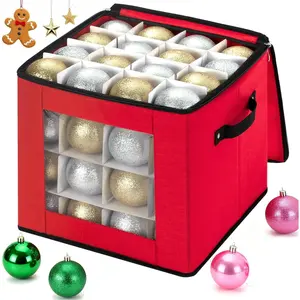 Visible Christmas Ornament Storage Box with Adjustable Dividers, Christmas Ornaments Organizer with Zipper, Storage Container Bin for Decorations, 64 Balls, Red, without Tray