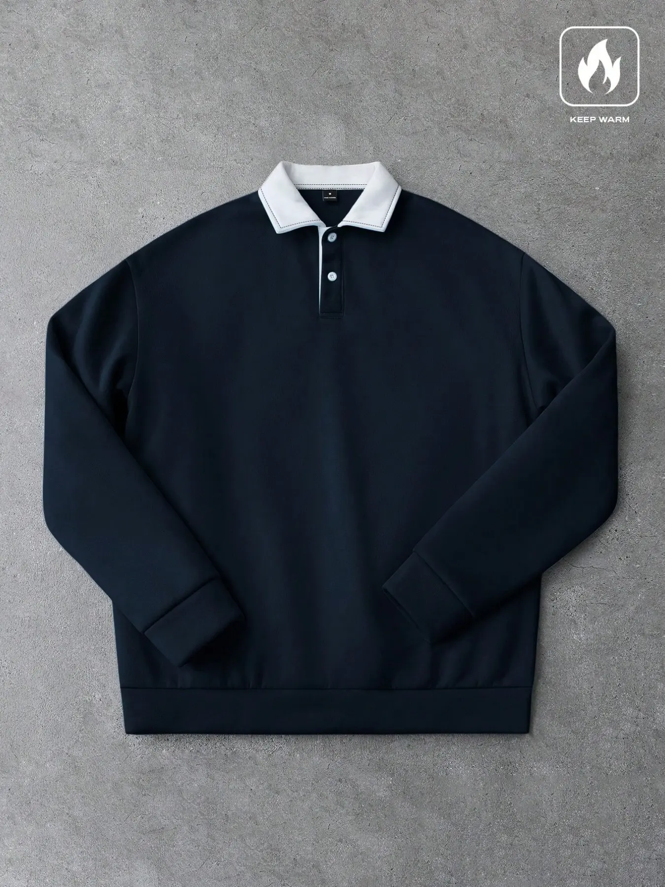 Mens Long Sleeve Collared Pullover Sweatshirt Solid Dark Navy Blue Heavyweight Warm Knit Top Relaxed Fit Streetwear Jumper For Autumn Winter Office Weekend Dating Casual Wear