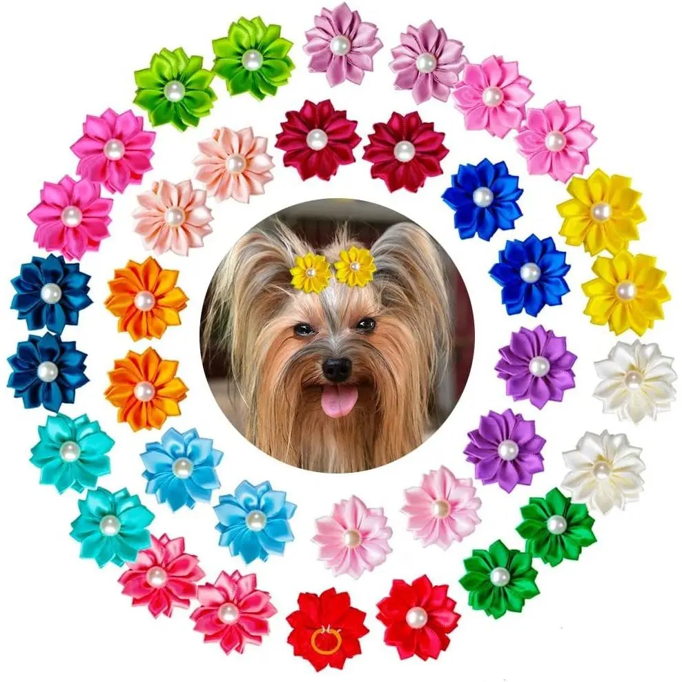 80Pcs Flower Dog Hair Bows with Rubber Bands for Small Medium Dogs Floral Puppy Bows with Pearls, Handmade Tiny Dog Grooming Accessories, Lightweight & Fur-Friendly, for Daily Wear and Photos