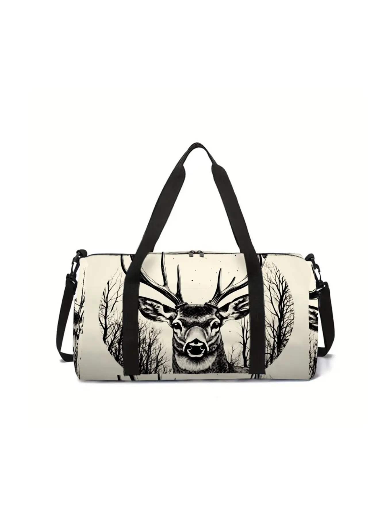 Vintage Black-and-White Elk Forest Stylish 2D Printed Large Capacity Duffel Bag with Zipper Closure,Adjustable Shoulder Straps and Top Handles.Casual Sports Travel Bag Suitable for Gym, Sports,Weekend Getaways;Ideal Gift for Christmas and Valentine's Day