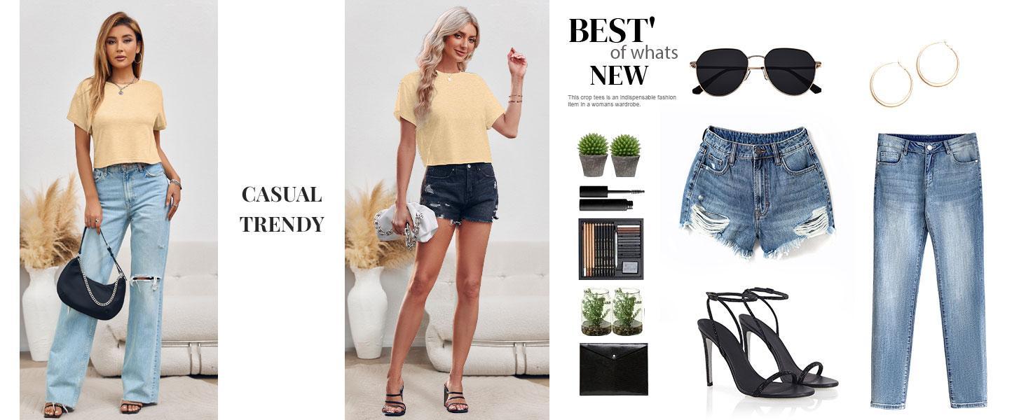 Imily Bela Women Short Sleeve Cropped T-Shirts Crew Neck Loose Crop Tops Summer Casual Drop Shoulder Basic Tees