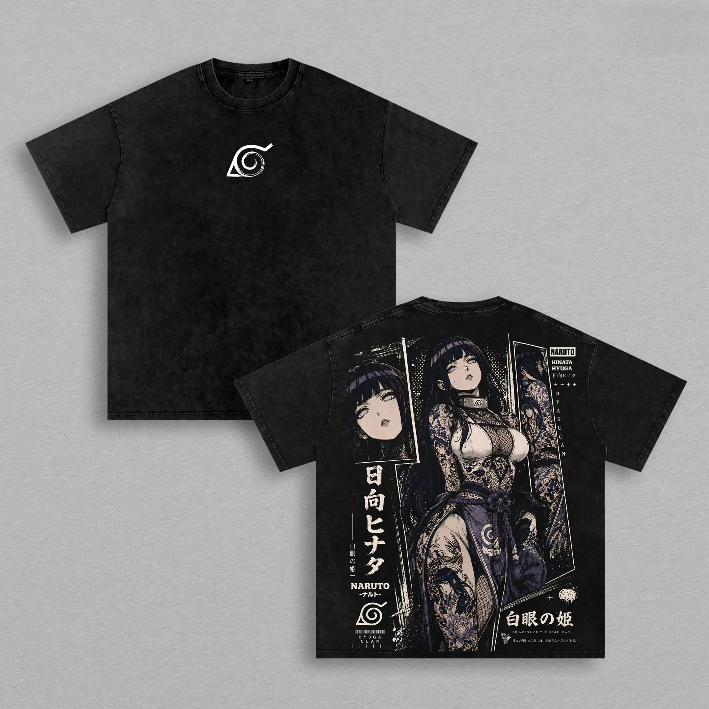 Wash Vintage Black Anime T-Shirt, Distressed Byakugan Princess Hinata Tattoo Print Round Neck Top, Loose Fit Casual Outdoor Skate Comic Street Unisex T-Shirt For Men And Women