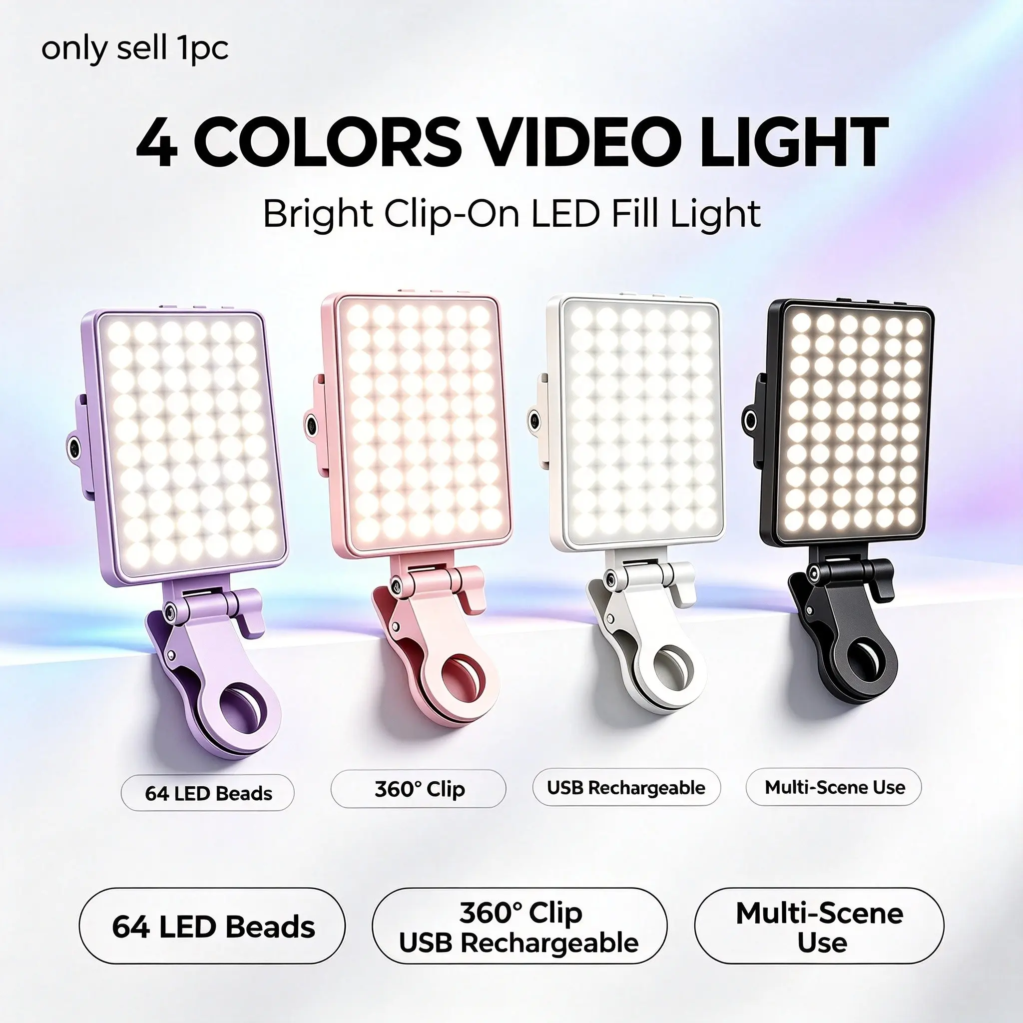 Professional Multi-Device Video LED Light, Clip-On Softbox, USB Rechargeable, Ideal for Online Meetings, Makeup, Short Videos