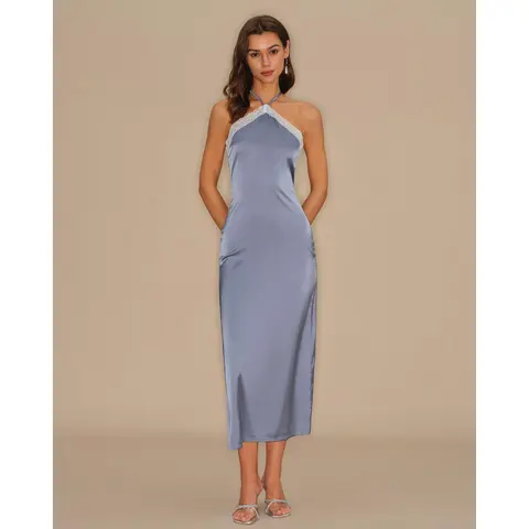 RIHOAS Women's Solid Blue Sleeveless Halter Neck A-Line Lace Slip Midi Dress - Polyester Fabric, Suitable for Formal Wear, Prom Events