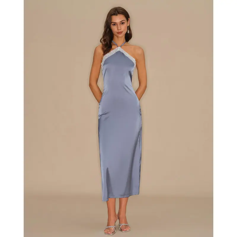 RIHOAS Women's Solid Blue Sleeveless Halter Neck A-Line Lace Slip Midi Dress - Polyester Fabric, Suitable for Formal Wear, Prom Events