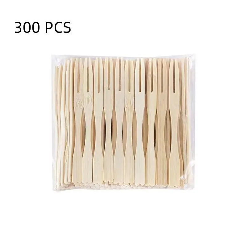 300 Pieces 3.5 Inch Bamboo Forks, Disposable Mini Food Forks, Dual Prong Fruit Cocktail Forks, Blunt End Forks for Food