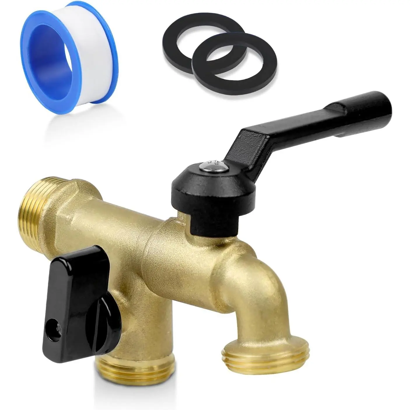 Outdoor Garden Water Faucet with Double Outlet, Outside Wall Mounted Garden Water Faucet with Two 3/4 Inch Male Inlet and Two 3/4 inch NPT Outlet (Not GHT, Thread Adapter is Requied)