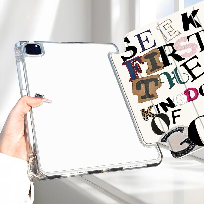 Vintage Stylish Seek First God's Kingdom iPad Folding Stand Case, Transparent Acrylic Hard Back with Pencil & Charger Slots, for iPad 10.2 inch 2019/2021, Mini, Pro, Air, Scratch-Resistant Ultra-Thin, Shockproof Full Protection Case, Tablet Accessories