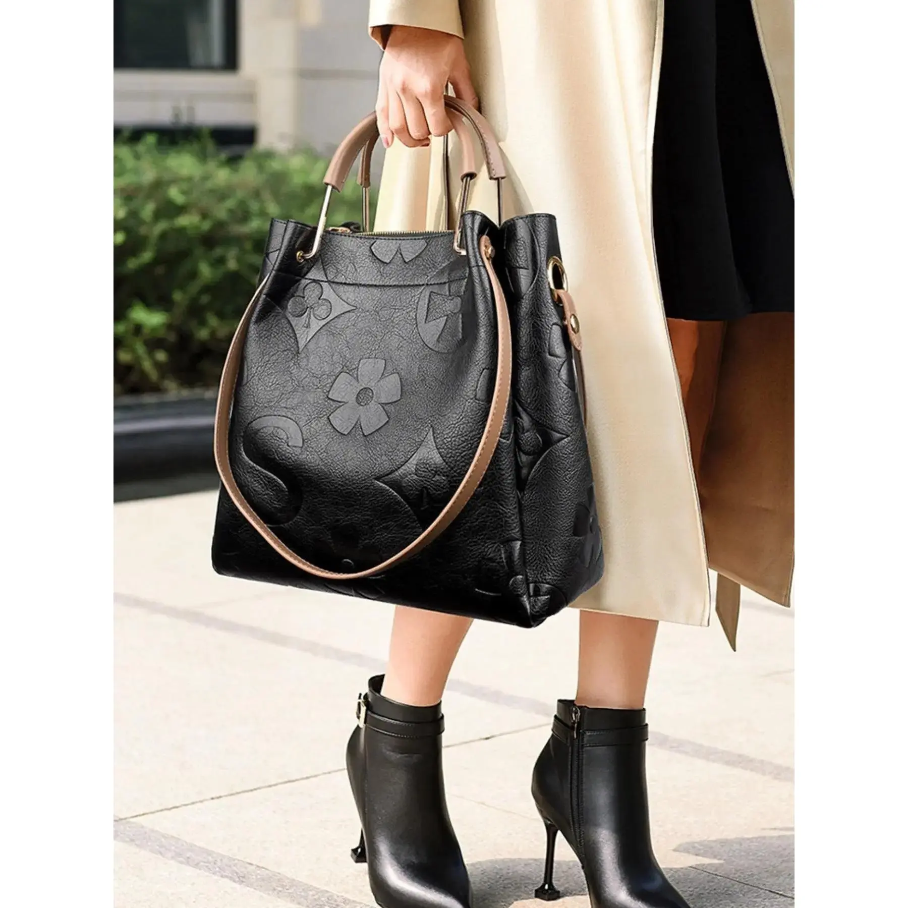 1Women's Fashionable Vintage Floral Embossed Leather Handbag Set, Including Large Capacity Handbag & Crossbody Bag, Trendy Versatile Daily Commuting Bag Set