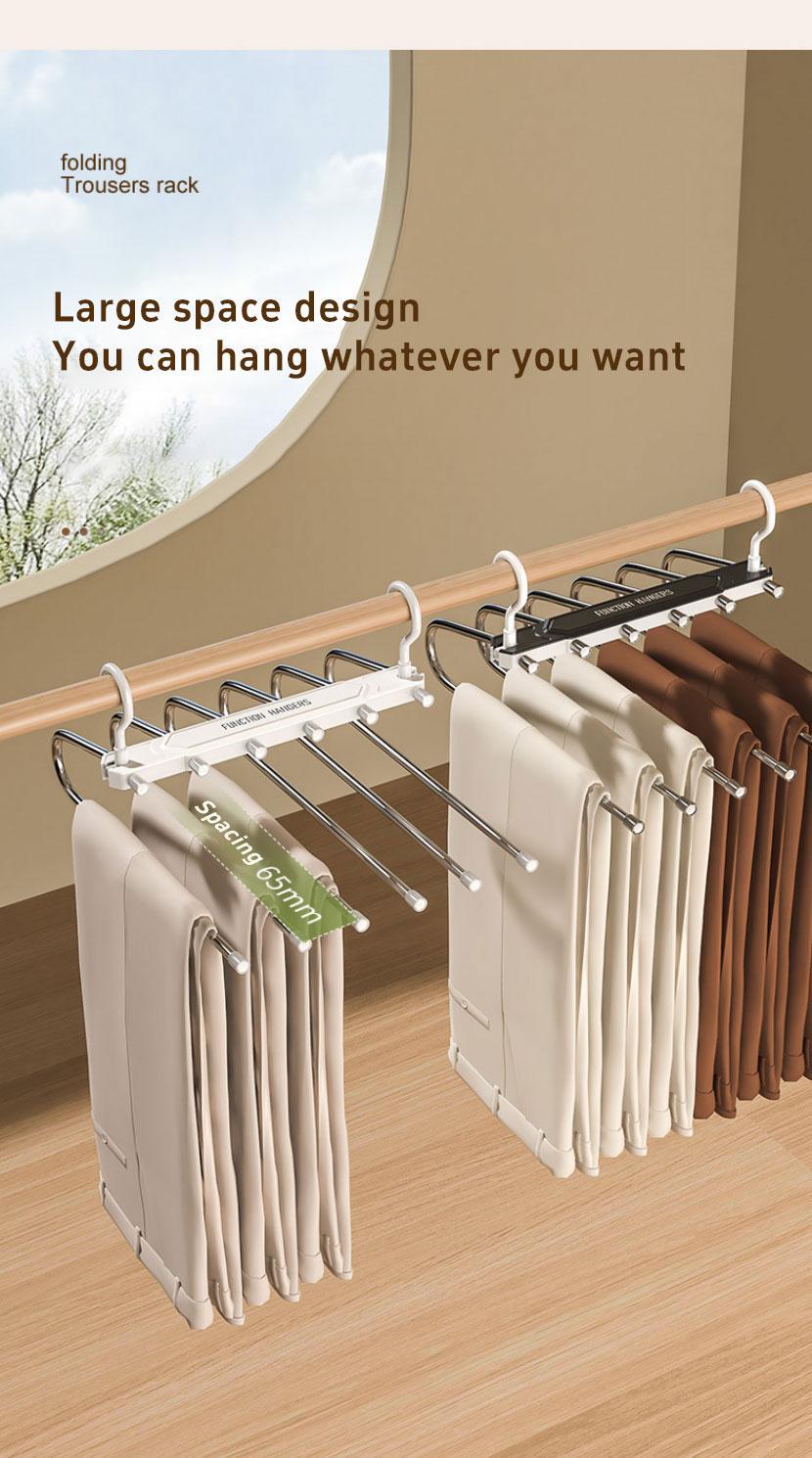 6 Layer Pants Hanger Space Saving Closet Organizer with 65mm Wide Spacing, Anti-Slip Multifunctional Pants Rack for Jeans Trousers Wardrobe