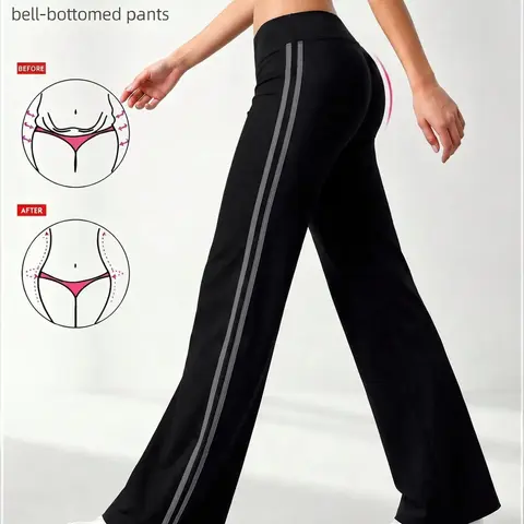 Black Tummy Control Flare High Rise Leggings Women High Waisted Bell Bottom Yoga Pants Side Stripe Slim Fit Bootcut Workout Trousers Butt Lifting Stretch Athletic Activewear Bottoms Casual Gym Running Lounge Fashion