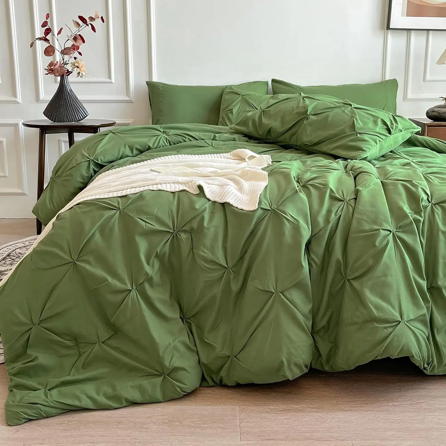 Olive Green Comforter Set Queen, 7 Pieces Bed in a Bag Queen, Pintuck Bedding Sets with Comforter, Sheets, Pillowcases & Shams - Olive Green