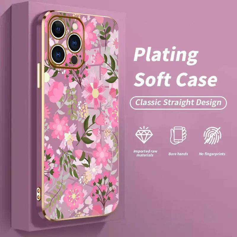 Phone Case  Floral Delight Dream Luxury Golden Edge Elecroplated TPU Camera Lens Protection Shockproof Phone Cover Gift Smartphone Casing for iPhone 17 15 Pro Max 16 14 Plus 13 12 Pro Max