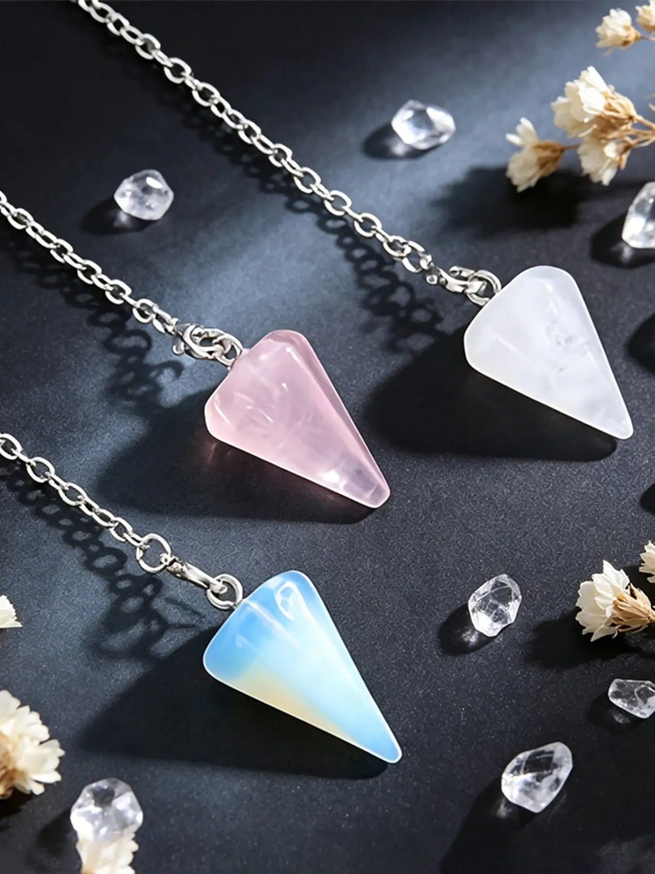 3pcs Natural Rose Quartz Hexagonal Pyramid Spiritual Pendulum Pendants, Perfect Easter Accessories, Valentine's & Mother's Day Gifts, Necklace Pendant Jewelry