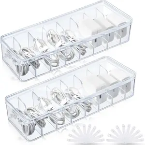 2 Pcs Cable Organizer Box with Wire Ties, Plastic Cord Storage Box with Lid, Electronics Organizer for Home Office Desk Organizers and Accessories (Clear)