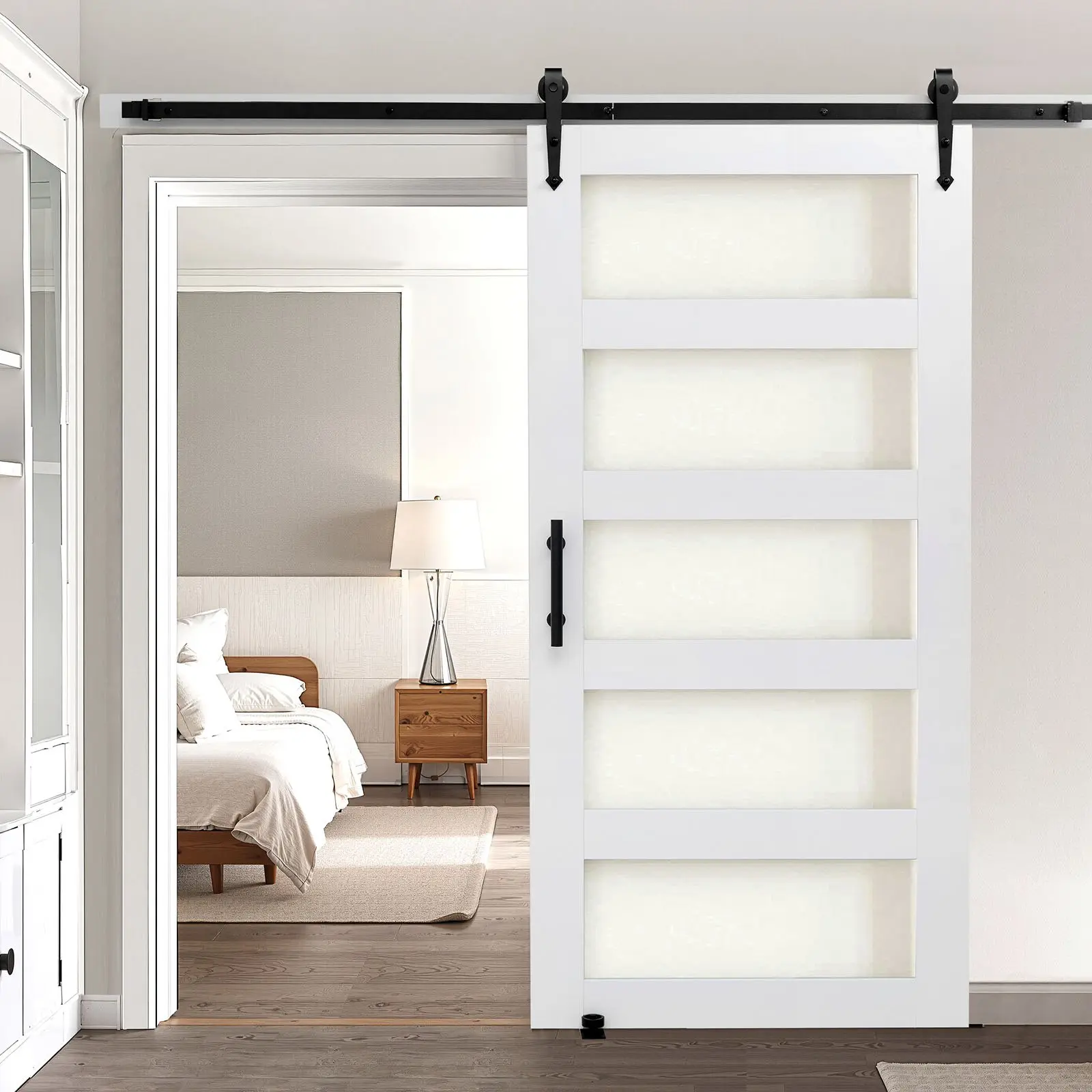 VEVOR Sliding Barn Door, 42x 84 inch, High-Strength MDF Panel and Glass, Barn Door with Hardware Kit, Water-Proof PVC Surface, Easy to Install, H-Frame, Smoothly and Quietly Sliding for Living Room