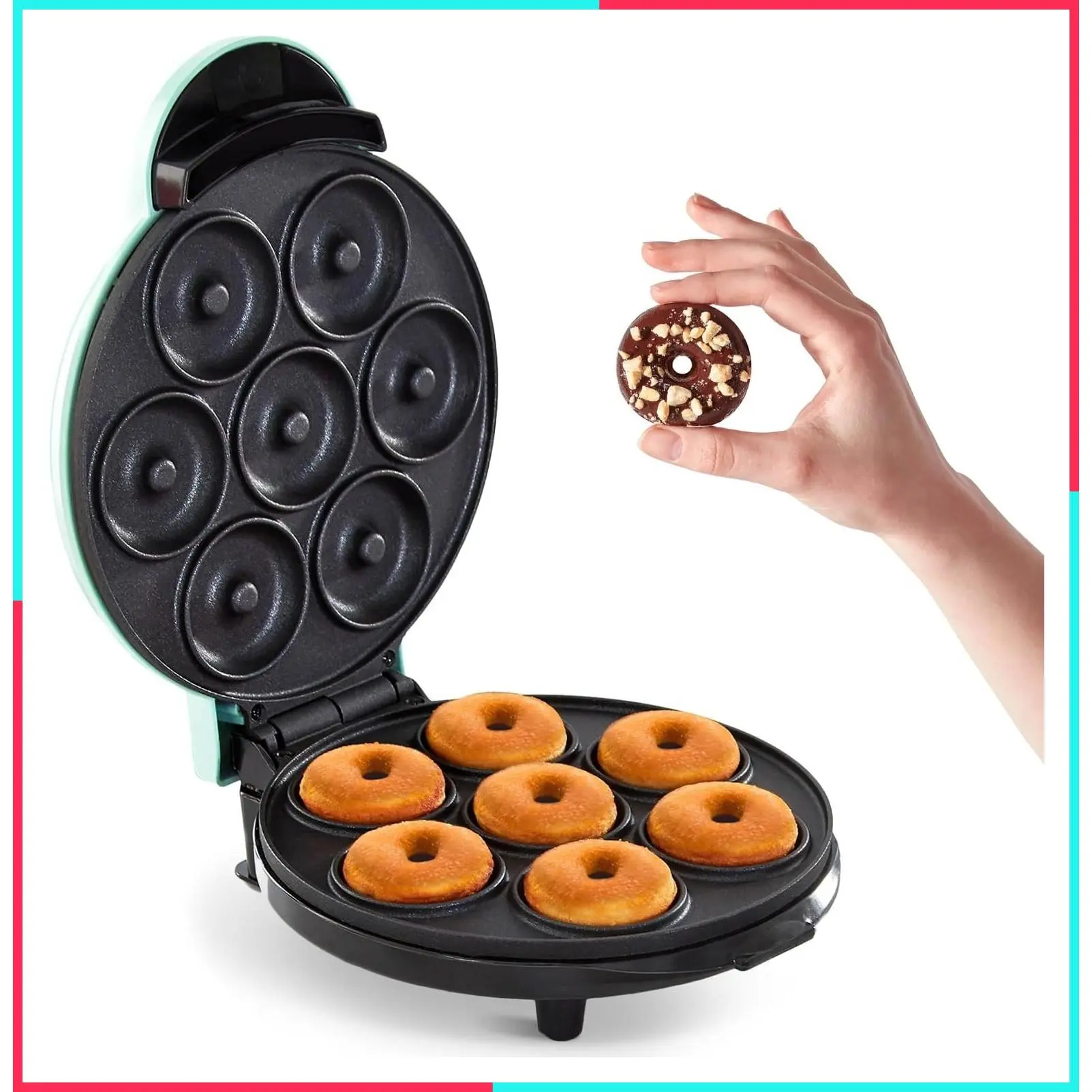 Mini Donut Maker, Makes 7 Donuts, Aqua | Electric Doughnut Machine for Kids & Families, Nonstick, No Deep Frying, Homemade Breakfast, Snacks, Party Treats & Gifts