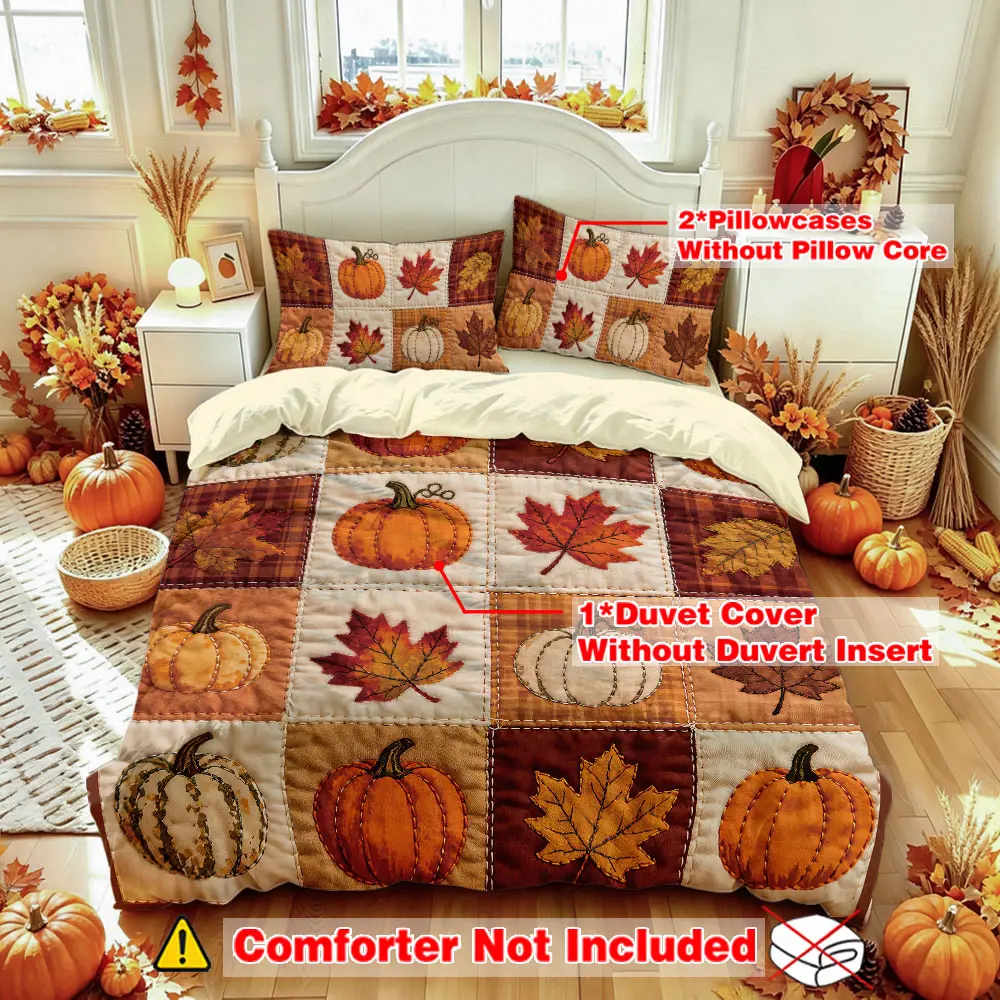 A set of 3 pieces (1 bedspread + 2 pillowcases, without a filling), featuring a pumpkin and maple leaf autumn-themed print. This soft and comfortable bedding set is perfect for room decoration and can also be given as a gift