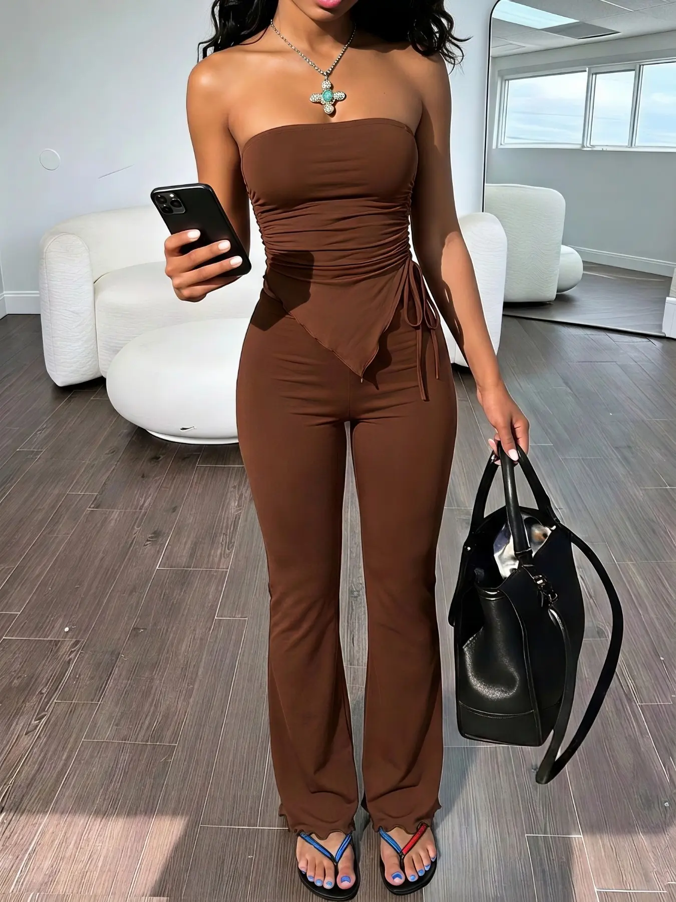 Women 2 Piece Outfit Set Strapless Ruched Drawstring Crop Top + Ruffle Hem Flare Pants, Solid Brown Slim Fit Y2K Casual Matching Sets, Stretchy Bodycon Lounge Wear, Elegant Going Out Streetwear Two Piece Tracksuit