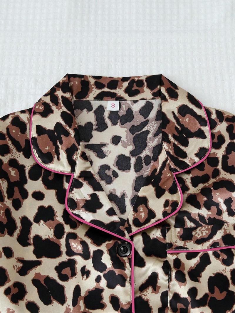 Women's Leopard Print Satin Pyjama Set, Casual Comfy Short Sleeve Pocket Shirt & Elastic Waist Shorts PJ Set, Ladies Summer Sleepwear