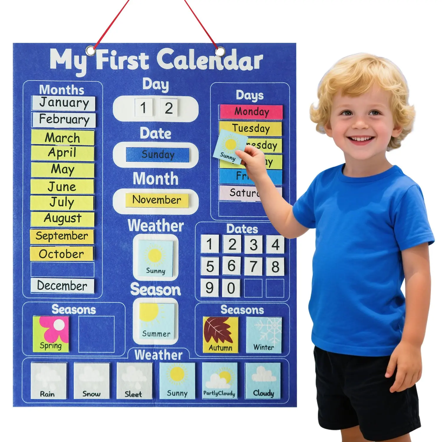 Preschool Educational Toy, Child Calendar Sensory Activity Board, Language Learning Mat, English & Spanish Word Cards, Holiday Gift Set