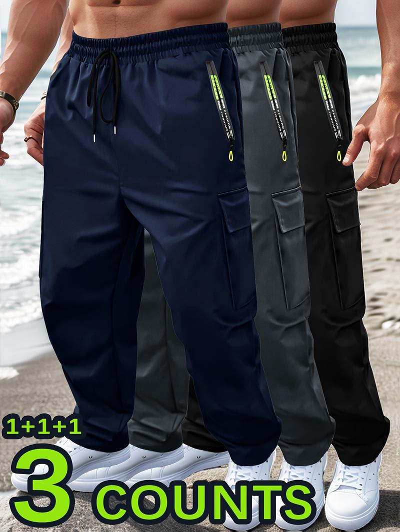 3pcs Men'S Casual Sports Cargo Pants - Drawstring Waist, Men's Sweatpants, Print Zip Pockets, Multiple Pockets, Lightweight for Spring & Summer, Ideal for Outdoor Running & Training, Casual Wear Pants | Cargo Style Pants | Lightweight Fabric
