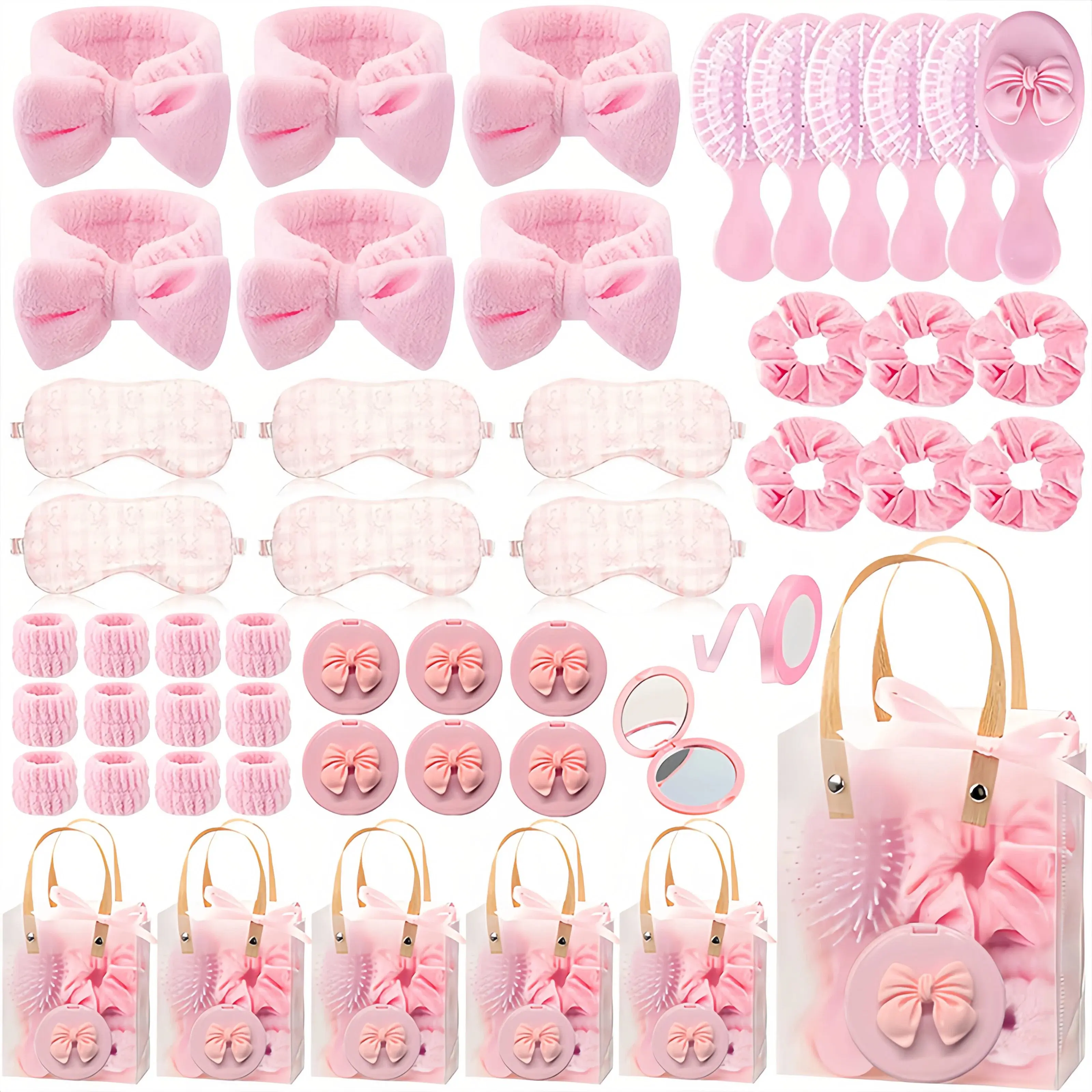 49pc Spa Sleepover Party Supplies Include Sleep Eye Mask Wristband SScrunchie Spa Headband Mirror Hair Comb Gift Bags Slumber Birthday Party Favors, Multi Item Party Gift Pack