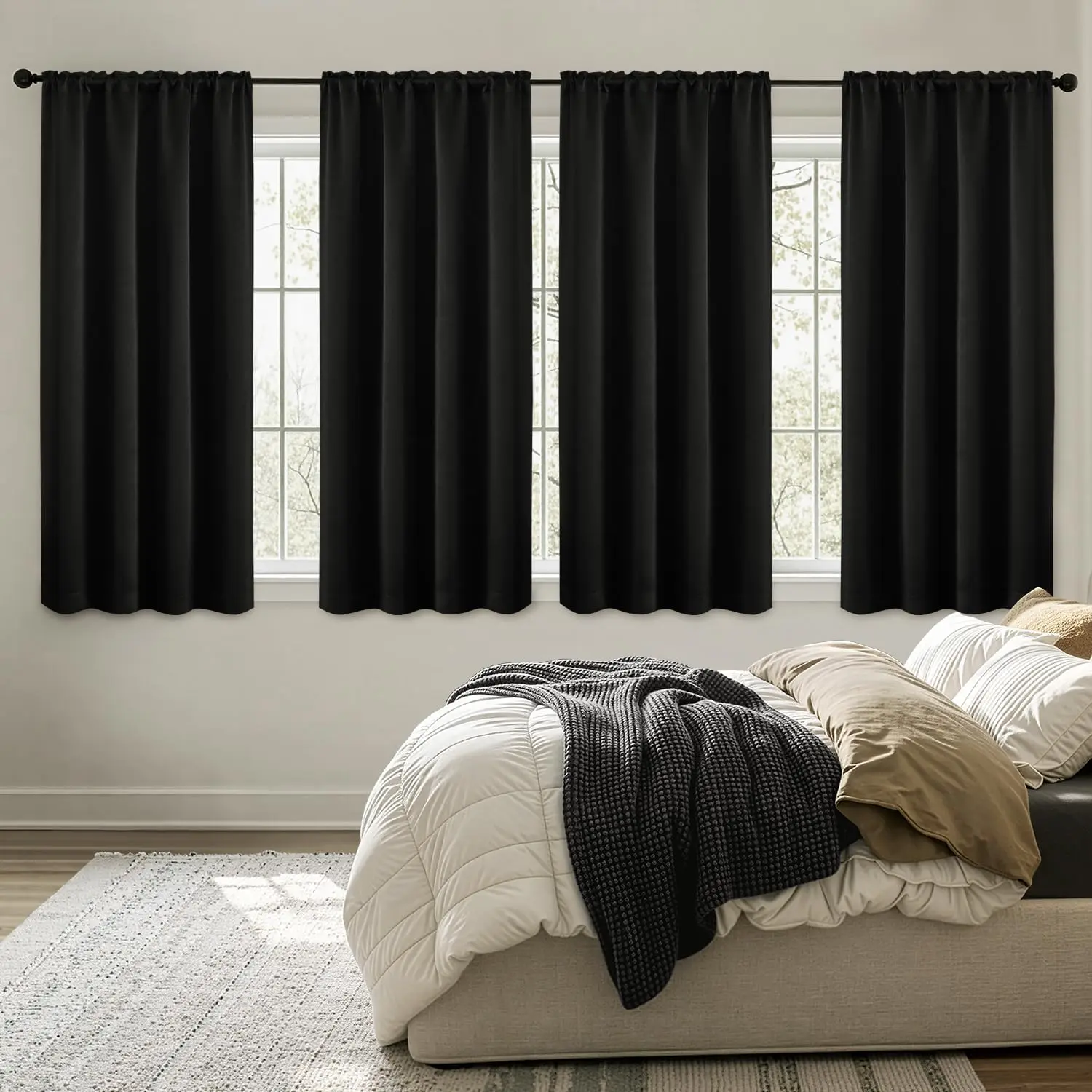 4 Panels Set Black Blackout Curtains 63 Inch Length Bedroom| Thermal Curtains for Summer Heat, Light Blocking Privacy Window Drapes, Top&Bottom Rod