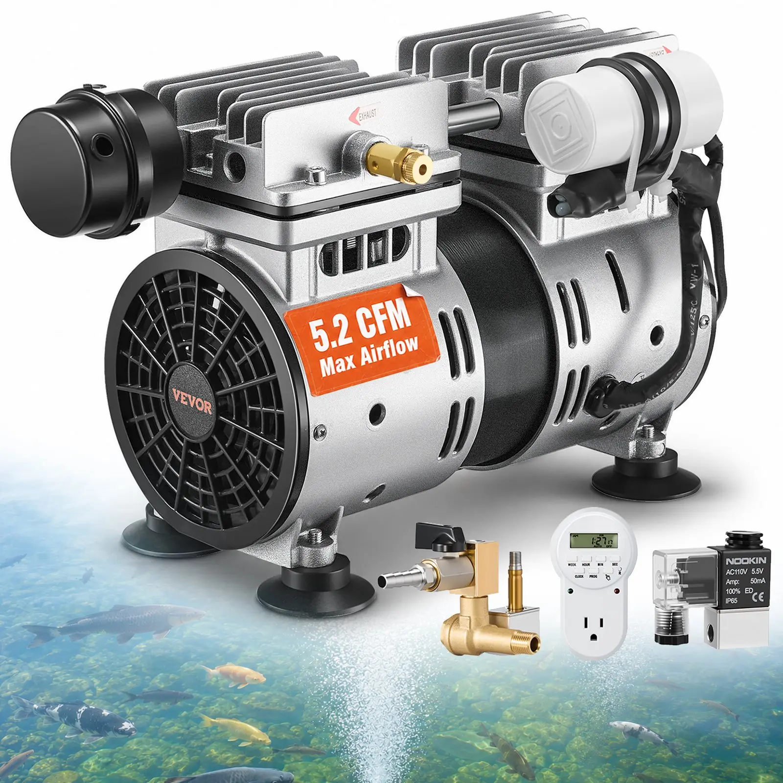 VEVOR Pond Aeration Kit by toolupgrade, 550W 3/4 HP Air Compressor, 5.2CFM for Up to 3 Acre 50' Lake, Timer Valves, Deep Water Oxygen Boost, Cleaner Ponds, Fish Support & Odor Control