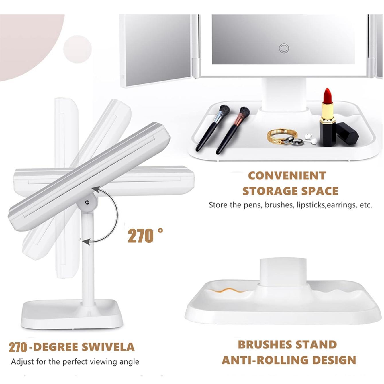 Portable LED Light Makeup Mirror, Lighted Makeup Mirror, Mirror with Lights, 3-fold Foldable Rechargeable Mirror with 2x 3x & 10x Magnification, Touch Control Mirror for Travel & Bedroom Use, Rechargeable Trifold Mirror #TOP PICKS