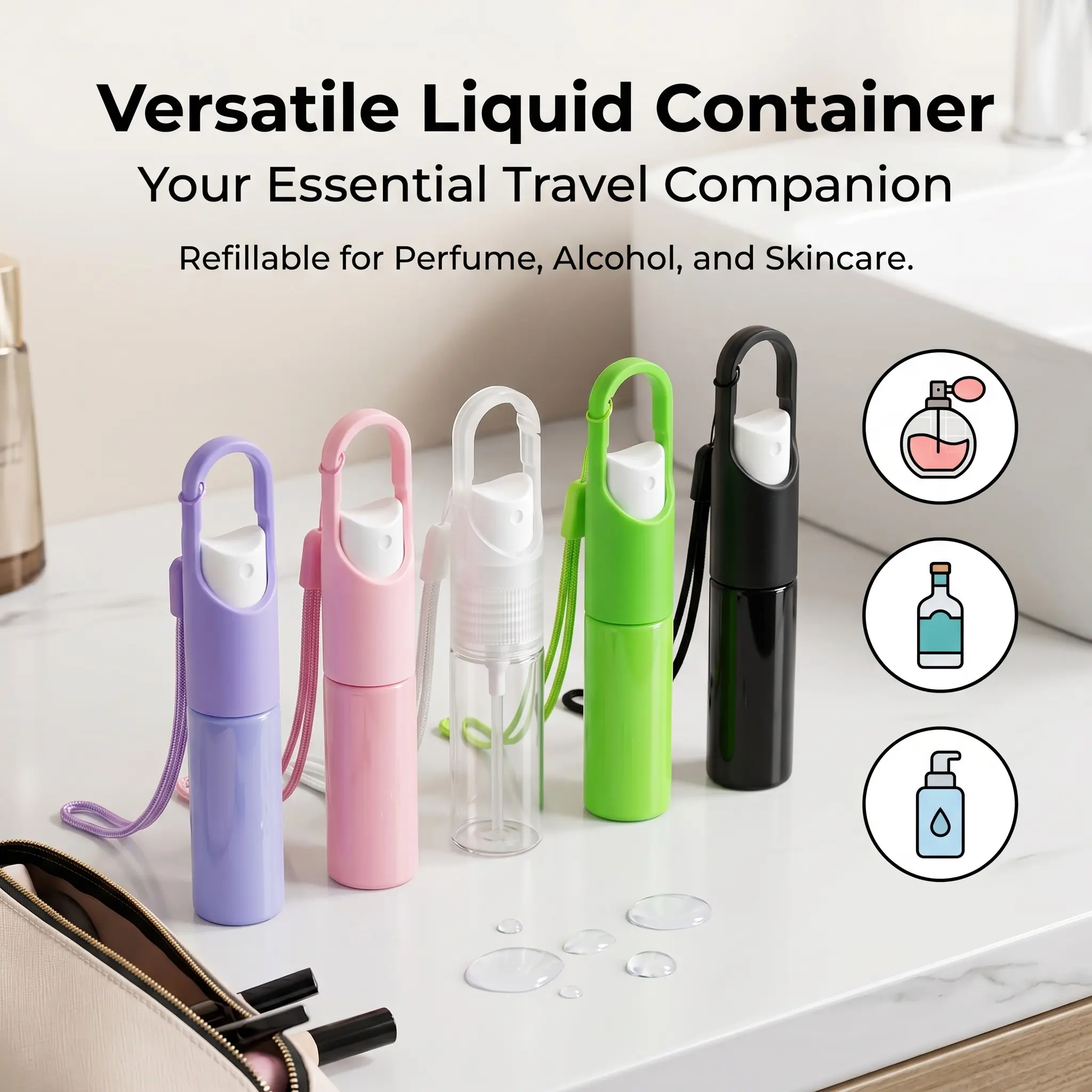 5-Pack 20ML Fine Mist Empty Spray Bottles, Reusable Travel Containers with Lanyard, Perfume Skincare Makeup Sprayer, Cosmetics Accessories, Small Refillable Liquid Container