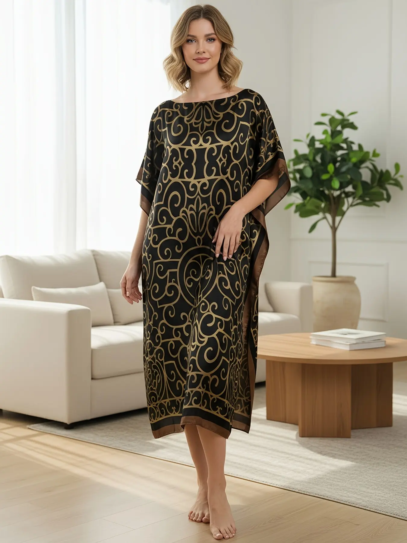 Plus Size Vintage Baroque Print Silk Kaftan Dress, Luxurious Oversized Resort Wear Beach Cover Up, Elegant Long Nightwear Loungewear for Women