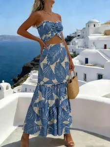 Women Tropical Palm Leaf Print Strapless Maxi Dress Smocked Ruffle Mermaid Hem Boho Summer Beach Vacation Long Dress