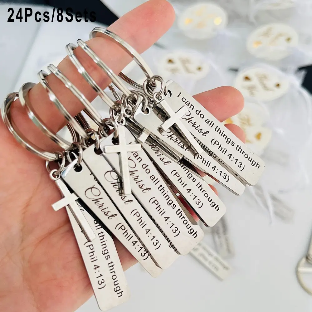 24Pcs/8Sets Bible Verse Pendant Cross Keychain Meaningful Comfort Sacred Symbolism Phil 4:13 Christian Accessory, Perfect for baptism favors, church donations, confirmation, first communion, Christmas gifts, guest favors, birthday parties, church events