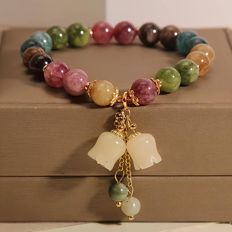 Bohemian Style Tourmaline & Orchid Charm Bracelet - Luxury Natural Stone Charms Women Handmade Beaded Bracelet Valentine's Day Jewelry Gift Vintage Women Bead Bracelet Jewelry