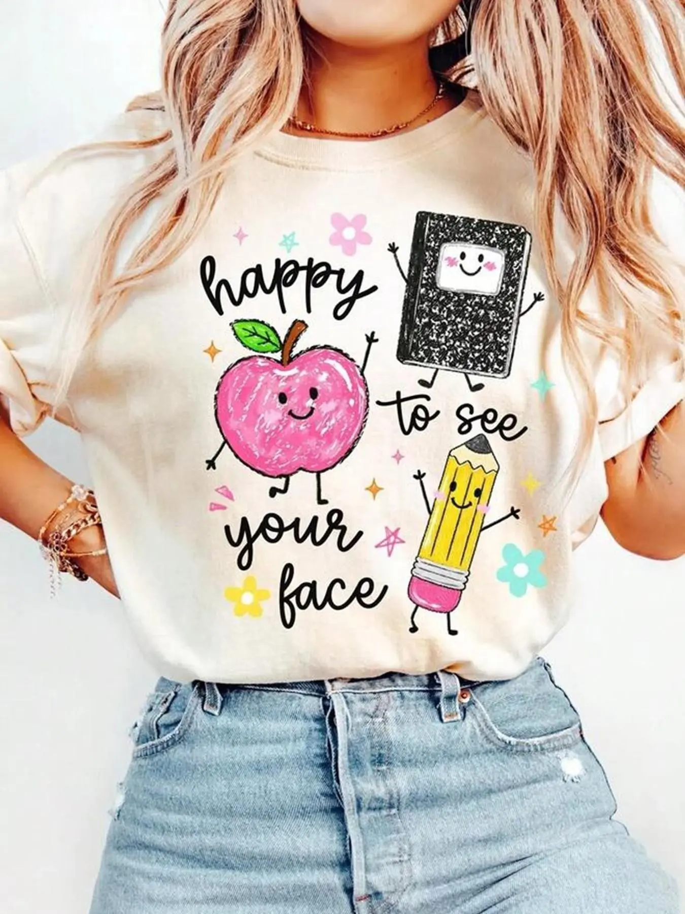 Teacher Theme Cartoon Print Short Sleeve T-Shirt for Women, Fun Text Design, Loose Fit Round Neck Casual Top, Apple Pencil Book Motif